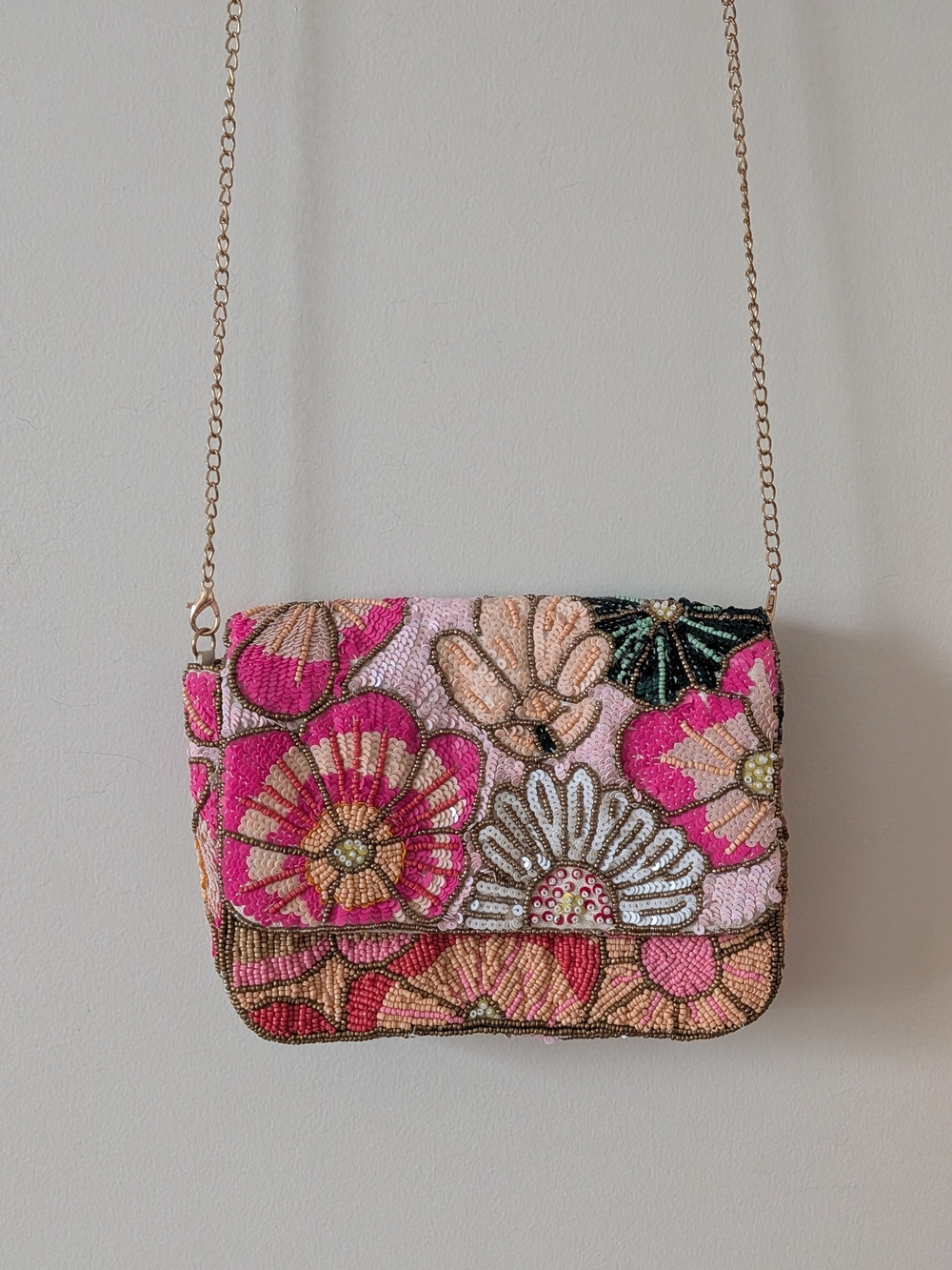 Lulus Pink and Gold Beaded Floral Crossbody